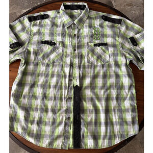 Red Ape Mens Shirt 2XL Plaid Green/Gray/White w/Black Trim ButtonUp Short Sleeve
